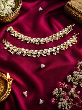 Gold and White Kundan Anklet Set - Elegant Women Jewelry